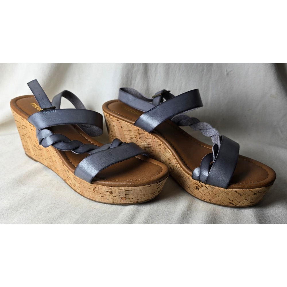 Nicole Debbie 9.5  Sandles Strappy Leather Blue Slate Wedge Platform‎ #2490